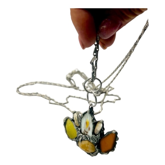 Citrine Sea Glass & Broken China Artisan Pendant Vintage Triple Chain Necklace - Picture 12 of 16